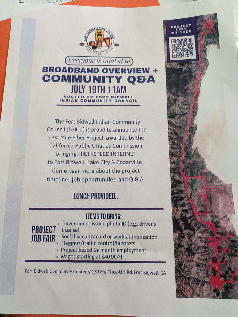 Flier on fiber meeting--July 19 at 11am in Fort Bidwell.