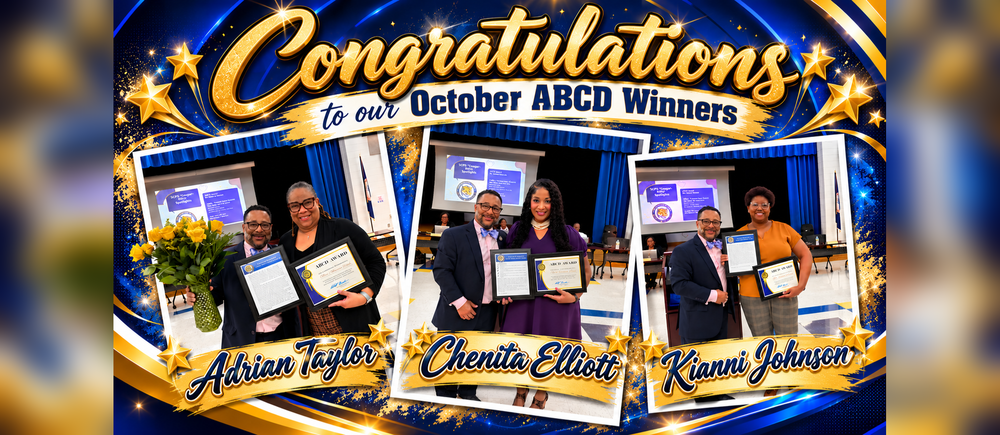 Surry County Public Schools celebrates its October ABCD Award winners: Adrian Taylor, Chenita Elliott, and Kianni Johnson. A blue-and-gold congratulatory banner features three photographs of the honorees receiving their awards, surrounded by decorative gold stars, ribbons, and sparkling accents.