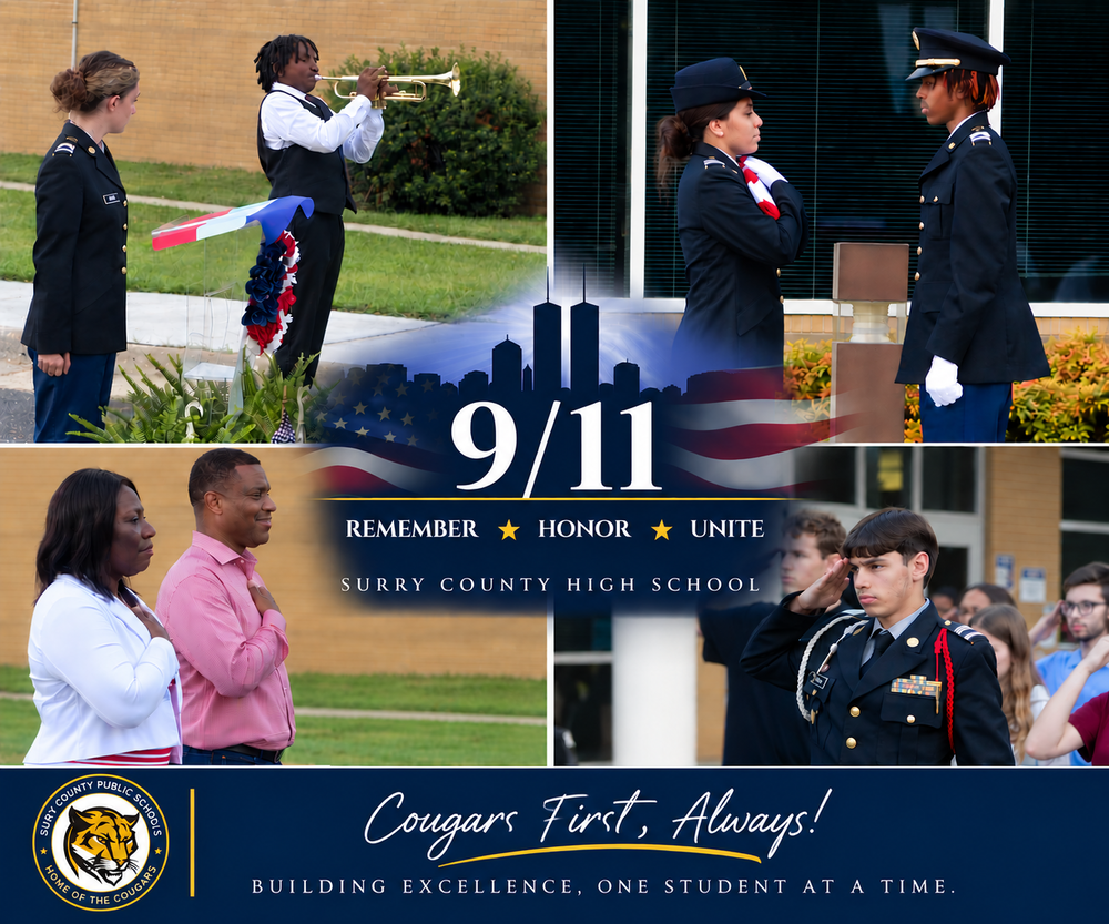 Surry County High School 9/11 remembrance ceremony collage featuring JROTC cadets conducting ceremonial activities, a student playing Taps, and students and staff honoring the flag. The graphic reads, ‘9/11 — Remember, Honor, Unite.’