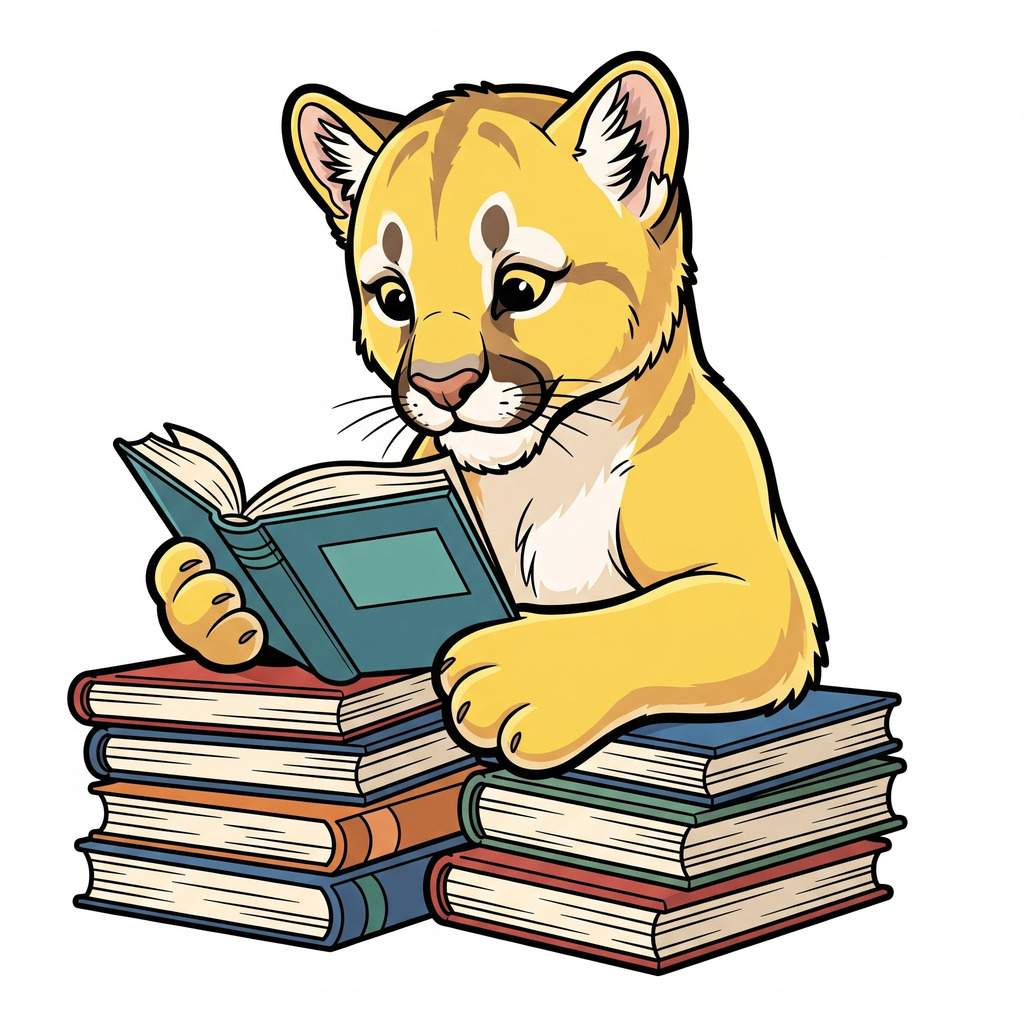 yellow cougar cub clip art reading a pile of books