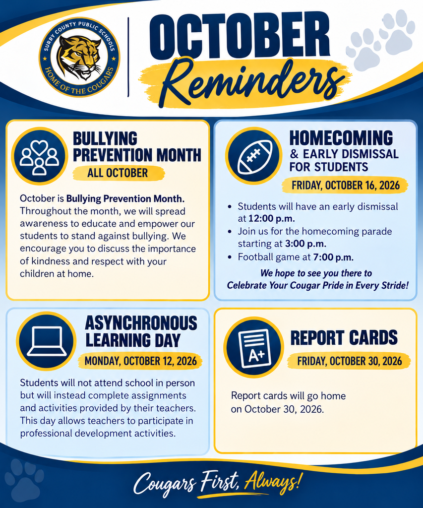 Surry County Public Schools October Reminders graphic in blue and gold featuring the SCPS Cougar logo. Reminders include Bullying Prevention Month throughout October; an asynchronous learning day on October 12; Homecoming on October 16 with student dismissal at noon, parade at 3 p.m., and football game at 7 p.m.; and report cards going home October 30. The graphic concludes with “Cougars First, Always!”
