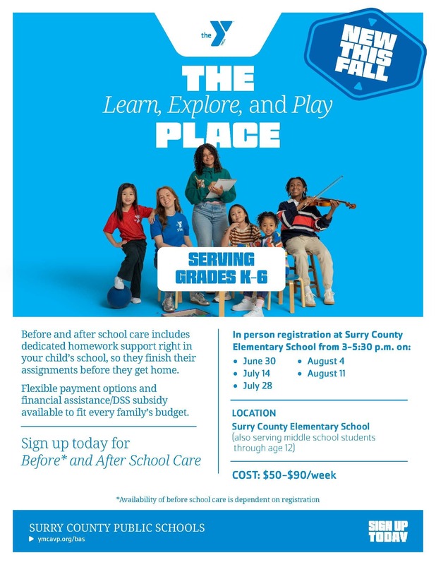 Promotional flyer for Surry County Public Schools' before and after school care program in partnership with the YMCA.
