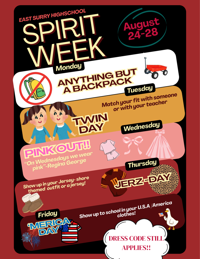 ESHS Spirit Week:  Be sure to show your school spirit and join in on the fun August 24-28!!