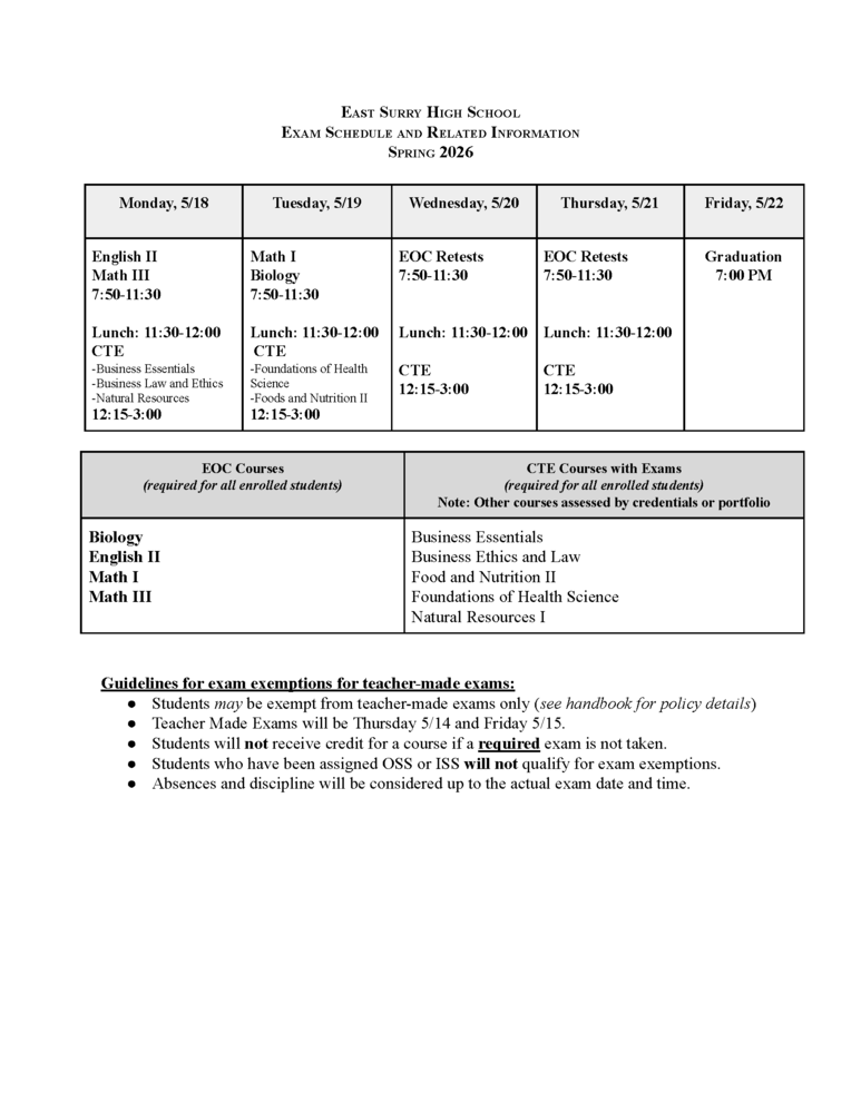 Exam Schedule and Related Information Spring 2026