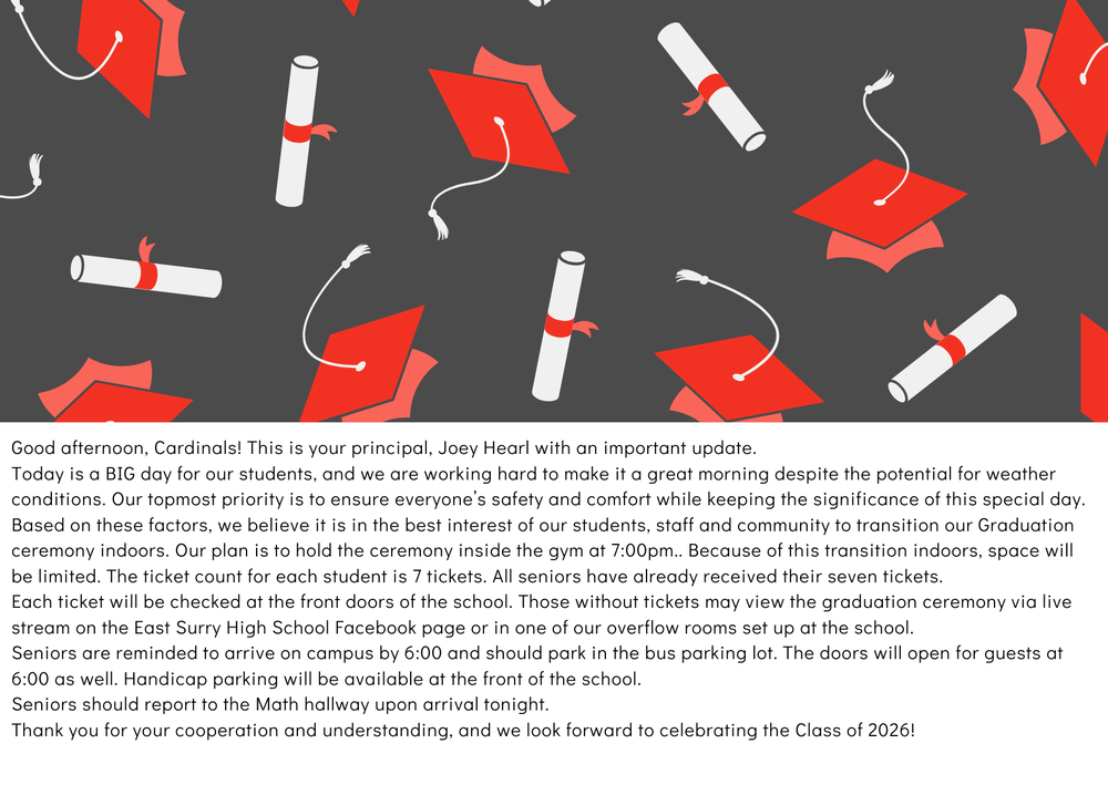 ATTENTION: TONIGHT'S ESHS' GRADUATION CEREMONY WILL NOW BE HELD INDOORS!! PLEASE SEE THE BELOW INFORMATION: