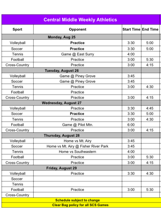 Athletics for the week of 8/25-8/29