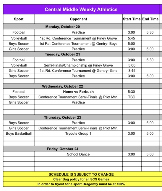 Athletics for the week of 10/20-10/24