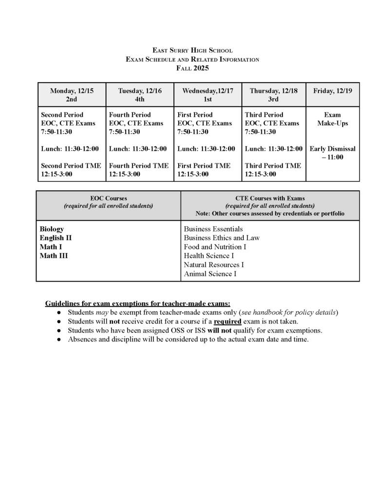 2025 Fall Exam Schedule