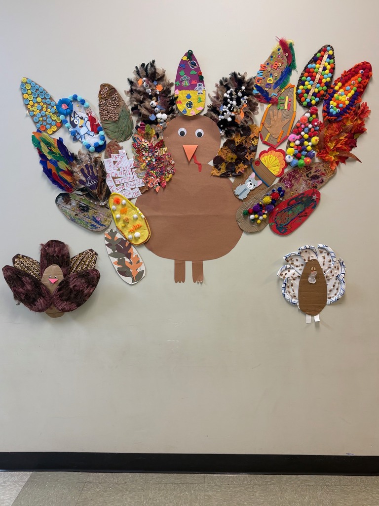 As part of our family involvement for the  Pre-K curriculum, both pre-K classrooms invite the parents every year to fix a feather using materials from home.  We then add the feathers to our turkey in the hallway.