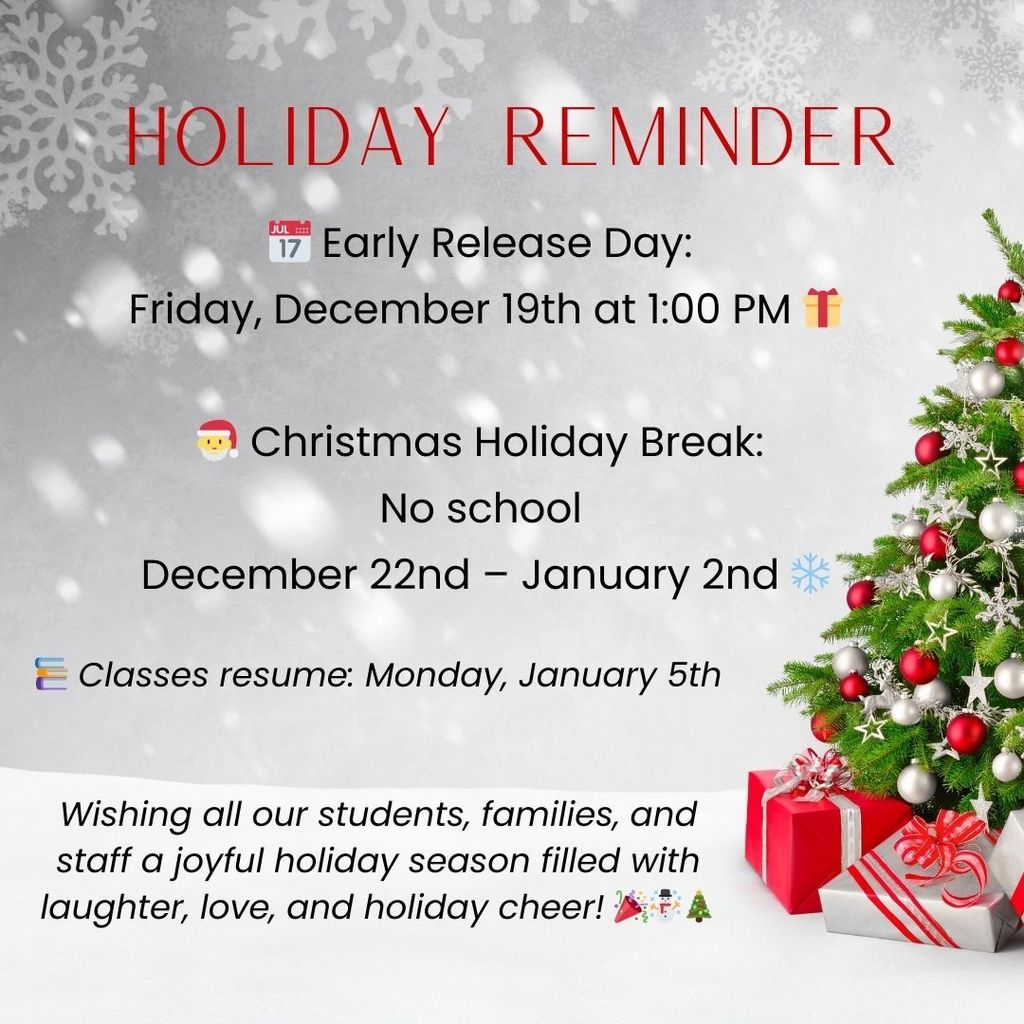 🎄✨ Holiday Reminder from Rockford Elementary! ✨🎄 📅 Early Release Day: Friday, December 19th at 1:00 PM 🎁 🎅 Christmas Holiday Break: No school December 22nd – January 2nd ❄️ 📚 Classes resume: Monday, January 5th Wishing all our students, families, and staff a joyful holiday season filled with laughter, love, and holiday cheer!