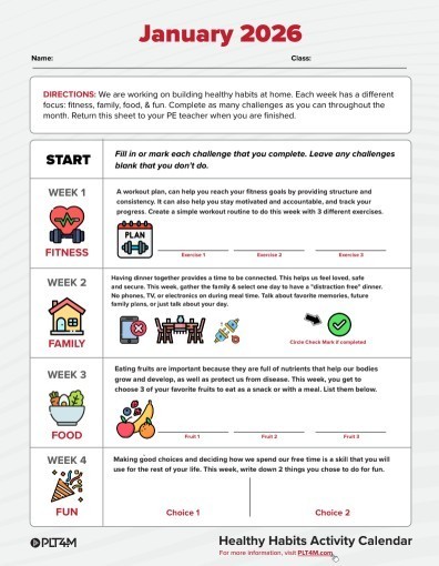 We are continuing to work on being active at home. If you would like to participate, print the sheet and return to Coach Fitzgerald at the end of the month for 15 minutes of free time in the gym.