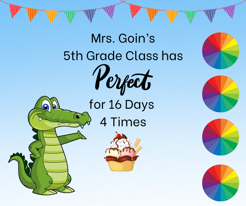 🎉 Congratulations to Mrs. Goin's 5th Grade Class! 🎉 They’ve earned perfect attendance FOUR times and are celebrating with an ice cream treat! 🍦 Way to go—keep up the amazing attendance! 👏⭐