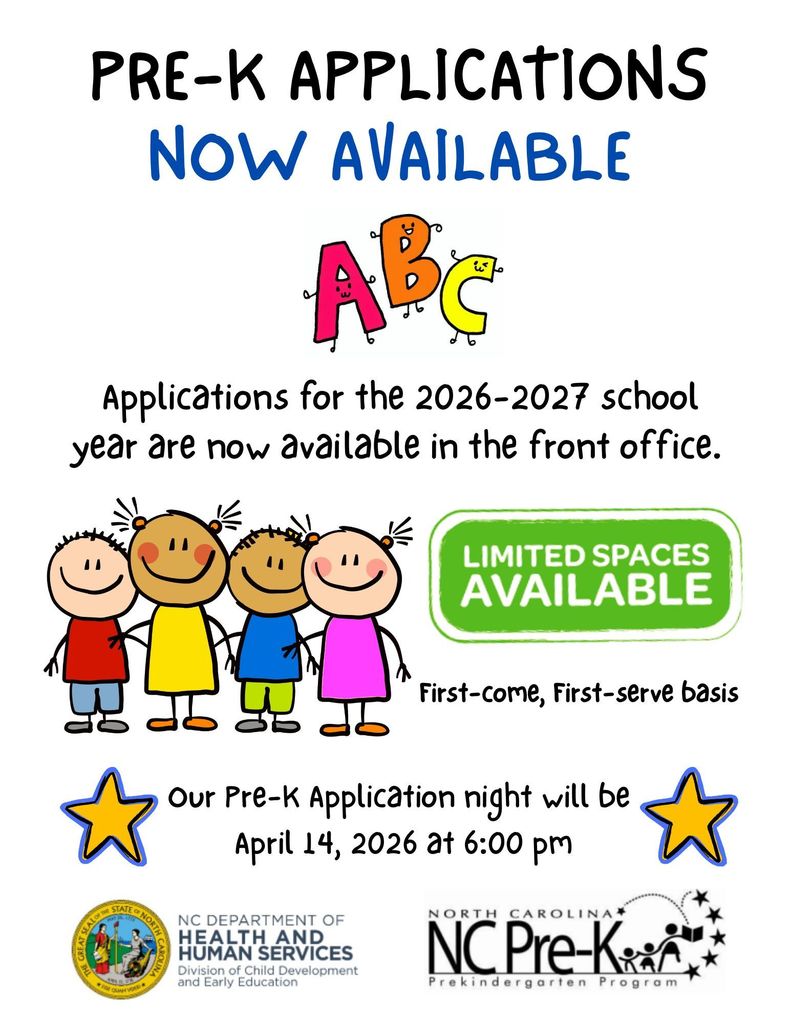 Pre-K Application night will be April 14th, at 6:00pm