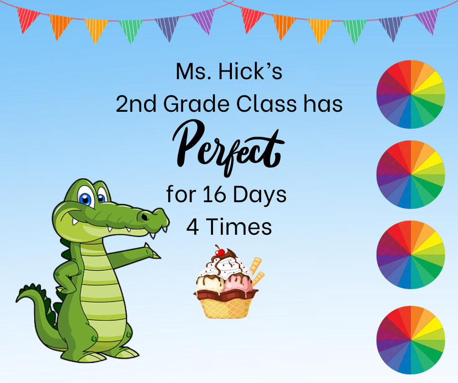🎉 Congratulations to Mrs. Hicks 2nd Grade Class! 🎉  They’ve earned perfect attendance FOUR times and are celebrating with an ice cream treat! 🍦  Way to go—keep up the amazing attendance! 👏⭐