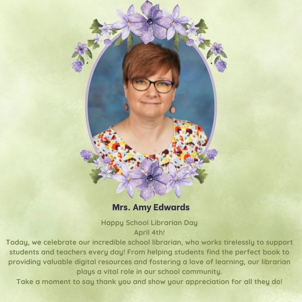 Today we celebrate National School Librarian Day and recognize Mrs. Amy Edwards for all that she does! 📚💜  Thank you, Mrs. Edwards, for inspiring a love of reading, supporting learning, and making our school library