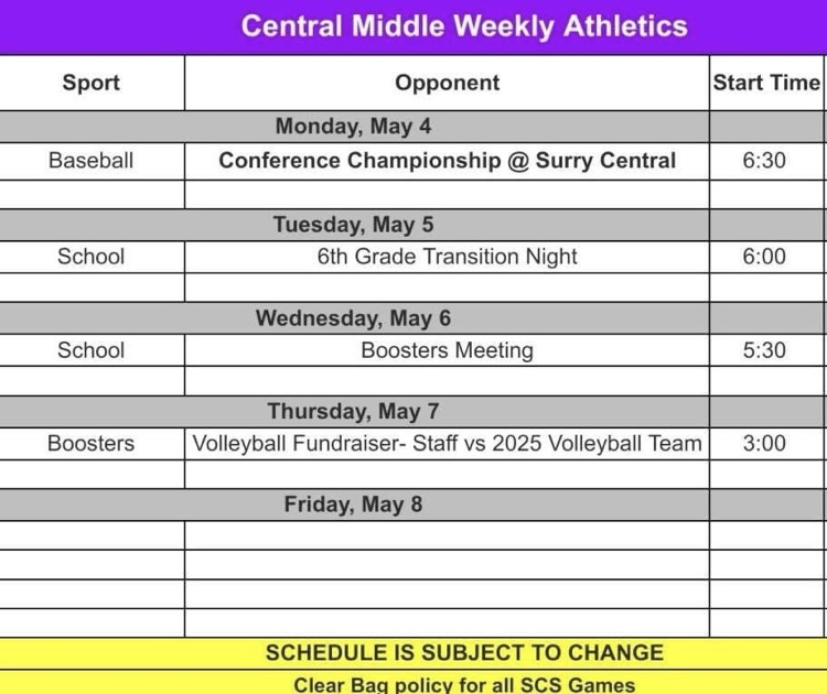 School/Sports calendar for the week of 5/4-5/7.
