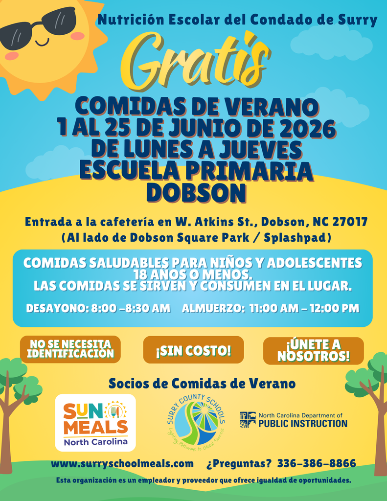 #SCSSchoolNutrition | Free Summer Meals are back in Surry County! 🍎  Surry County School Nutrition will once again provide free healthy meals for kids and teens 18 & younger at Dobson Elementary this summer.  📍 Dobson Elementary (Cafeteria entrance on W. Atkins St. beside Dobson Square Park/Splashpad)  🗓 June 1–25, 2026 📅 Monday–Thursday  🥞 Breakfast: 8:00–8:30 AM 🍽 Lunch: 11:00 AM–12:00 PM  No ID needed. No cost. Meals are served and eaten on-site.  We are proud to help ensure children in our community continue to have access to nutritious meals throughout the summer months. ❤️