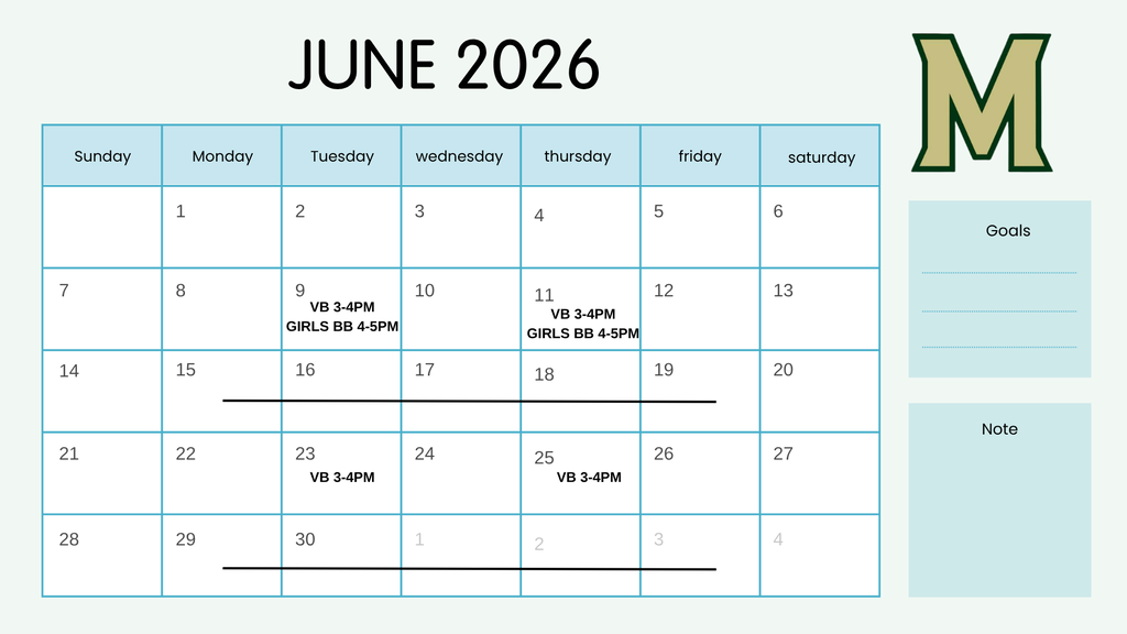 summer workouts calendar at Meadowview Magnet Middle