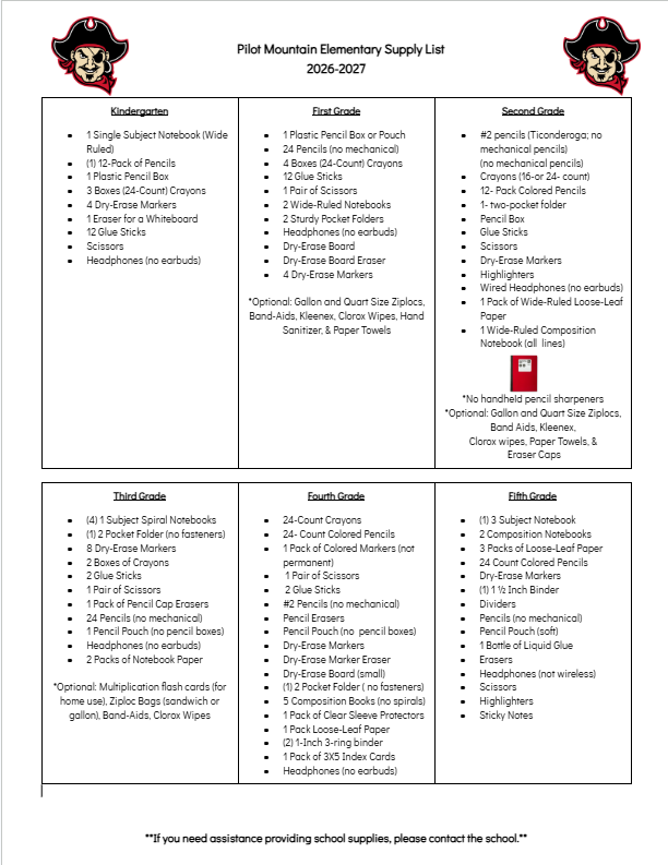 PMES School Supply Lists 2026-2027