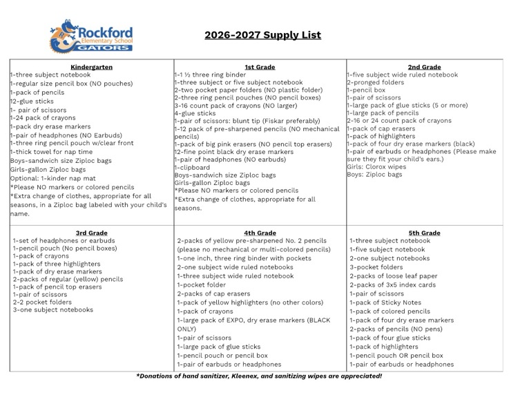 2026-2027 school supply list
