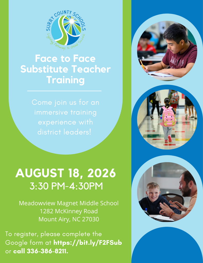 The district will offer face-to-face training at Meadowview Magnet Middle School on August 18, 2026, from 3:30 pm-4:30 pm. To register, please complete the Google form at https://bit.ly/F2FSub or call 336-386-8211.o register, please complete the Google form at https://bit.ly/F2FSub or call 336-386-8211.