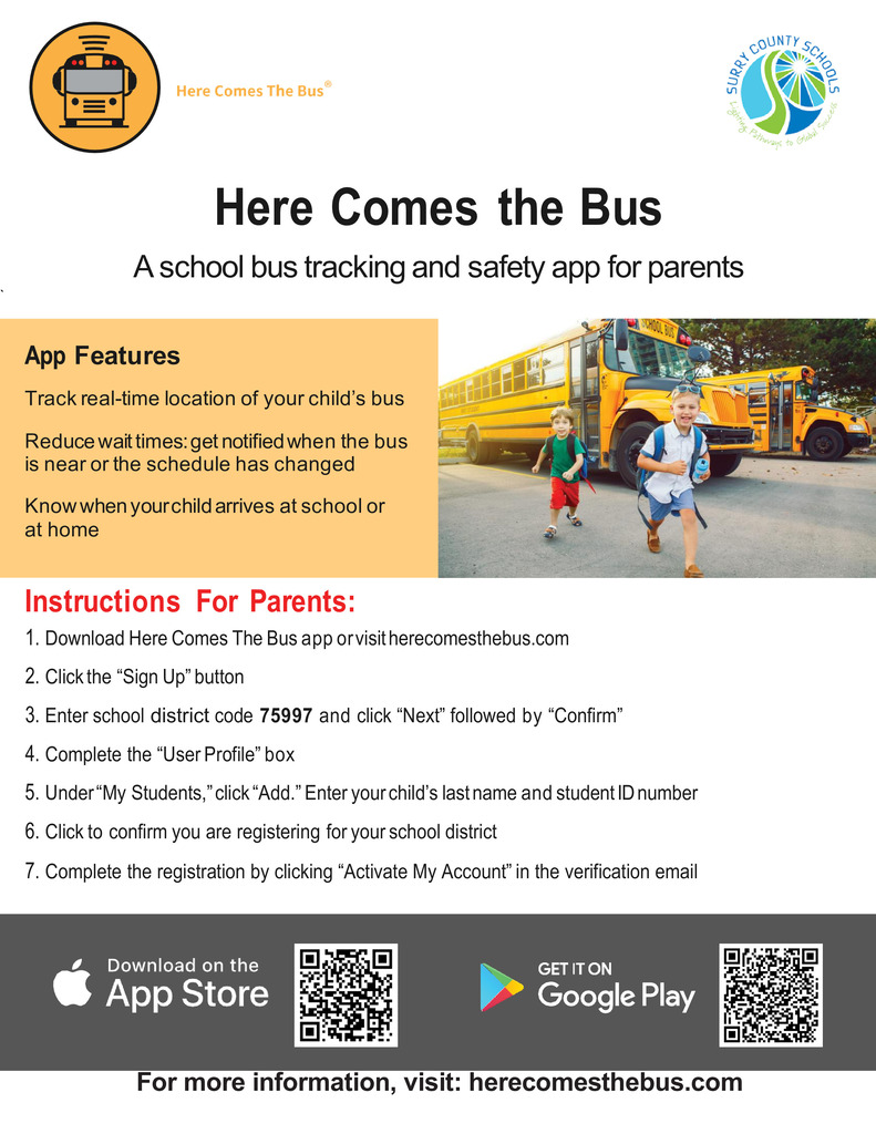 Introducing Here Comes the Bus!  We are excited to share information about our new district bus tracking parent app, Here Comes the Bus! Parents can download the app on their phones to help track their student’s school bus and become familiar with the app’s features and interface.  We encourage all parents to download the app and test it out so you’ll be ready to use it when your student begins riding the bus.  📌 Important: Parents will need their student’s ID number (IC Number) to complete the registration process.  Please see the attached informational flyers for step-by-step instructions on downloading and registering for the app.