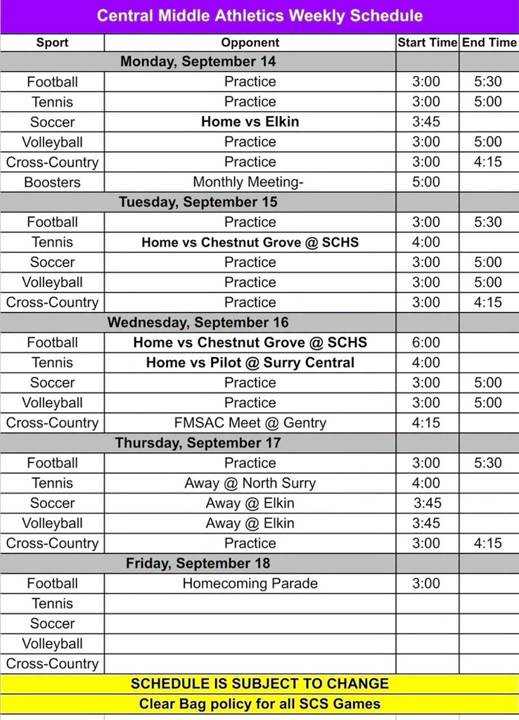 Athletics for the week of 9/14-9/17.