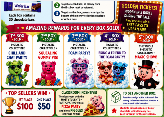 PIGTASTIC REWARDS ARE HERE!   The more boxes you sell, the more exciting the rewards get!   Students can earn a Pigtastic Collectible with their 1st box, a Squealing Gummy Pig with their 2nd, a Foam Party with their 3rd, bring a friend to the Foam Party with their 4th, and the Whole Pigtastic Collection + Magic Show with their 5th box!   Plus, our top sellers can win $100 for 1st place or $50 for 2nd place! And don’t forget about our classroom incentive—the classroom with the most students participating will earn a pizza party and a PIGGLES collectible to take home!    Keep an eye out for the Golden Tickets hidden in 5 boxes during the sale—find one and win a FREE pass to Urban Air!   Let’s make this the most Pigtastic sale yet, Gators!