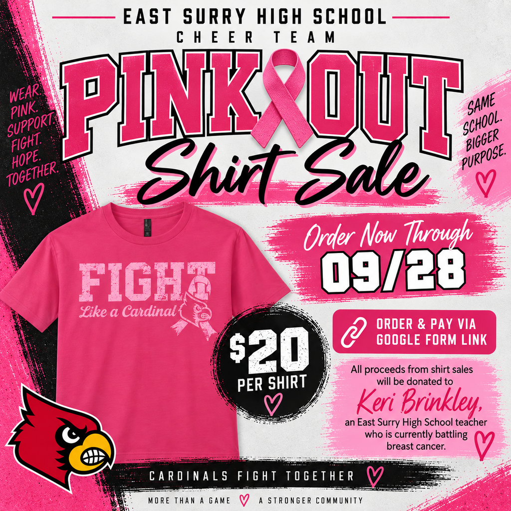ESHS Cheerleading - We are sponsoring a Pink Out fundraiser for one of the ESHS teachers, Keri Brinkley. She is currently battling breast cancer and has an upcoming surgery soon.  We are selling breast cancer pins and shirts up until our Pink Out Night on 10/09. 