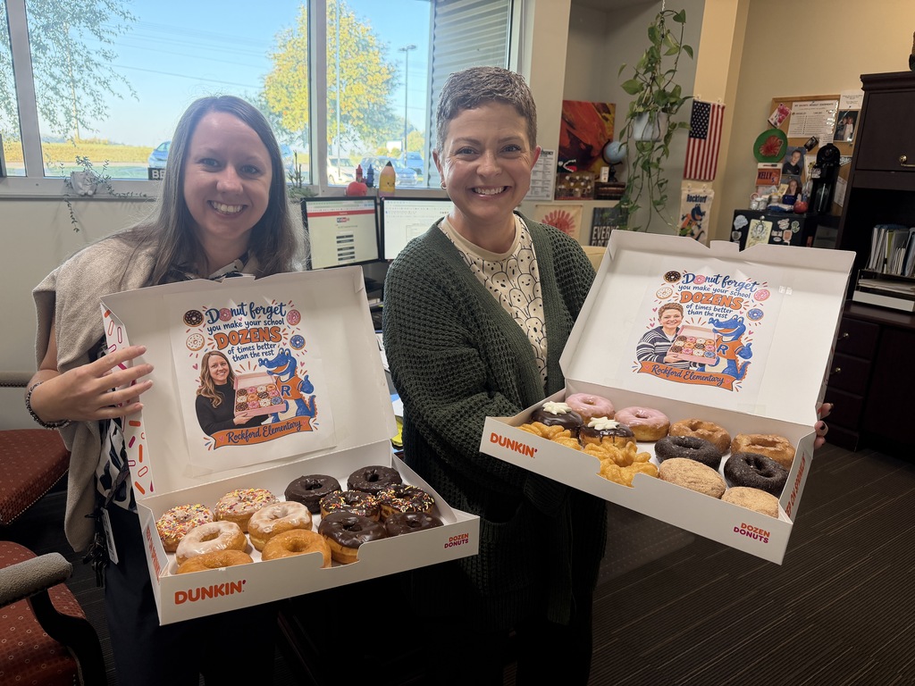 Principal Appreciation Month October 5–9  Donut forget how much you are appreciated!  Our school is DOZENS of times better because of the dedication, leadership, and heart of our Principal, Mrs. Kelly Waters, and Assistant Principal, Mrs. Ashley Queen!  Thank you both for everything you do each day for our students, staff, and Rockford Elementary family. We are so grateful for the time, energy, encouragement, and care you pour into our school.  Today, we celebrated you with a special Dunkin’ Donuts delivery!  Thank you for making Rockford Elementary a sweeter place every day!  Happy Principal Appreciation Week, Mrs. Waters and Mrs. Queen!