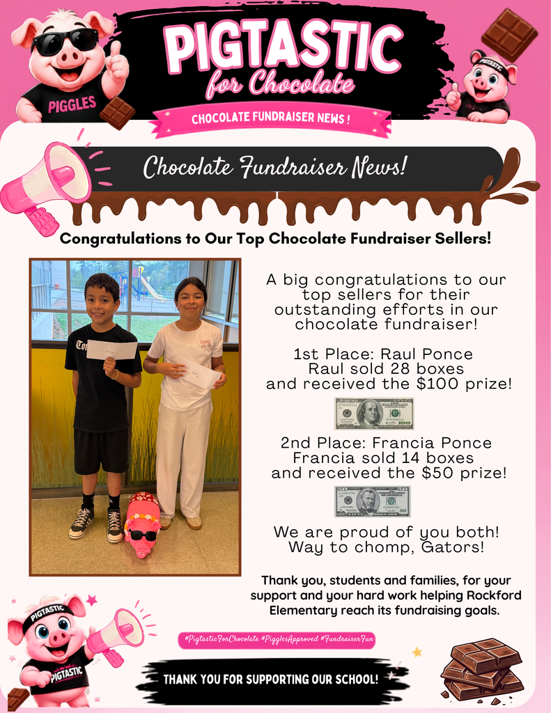 Congratulations to Our Top Chocolate Fundraiser Sellers! A big congratulations to our top sellers for their outstanding efforts in our chocolate fundraiser! 1st Place: Raul Ponce — Sold 28 boxes and received the $100 prize! 2nd Place: Francia Ponce — Sold 14 boxes and received the $50 prize! Thank you for your hard work and for helping Rockford Elementary reach its fundraising goals. We are proud of you both! Way to chomp, Gators!