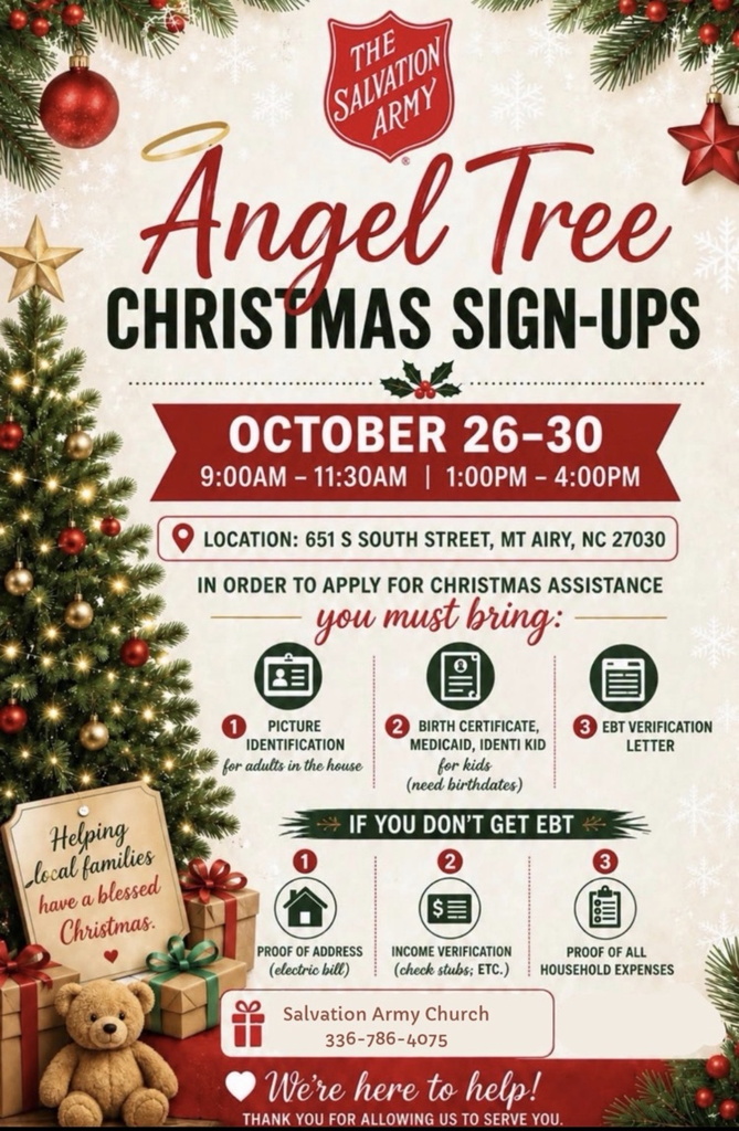 🎄 Angel Tree Christmas Sign-Ups 🎄 October 26–30 ⏰ 9:00AM – 11:30AM | 1:00PM – 4:00PM 📍 Location: 651 S South Street, Mt Airy, NC 27030