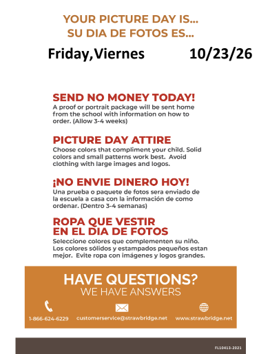 Fall Picture Retakes – Friday, October 23rd Fall picture retakes are scheduled for this Friday, October 23, 2026! If your child missed the original picture day or needs a retake, please plan accordingly. No money is needed on picture day! Proofs or portrait packages will be sent home with information about how to place an order. We look forward to seeing those Gator smiles!