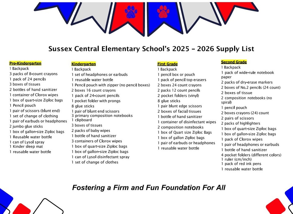 SCES school supply list for grades PreK - 2
