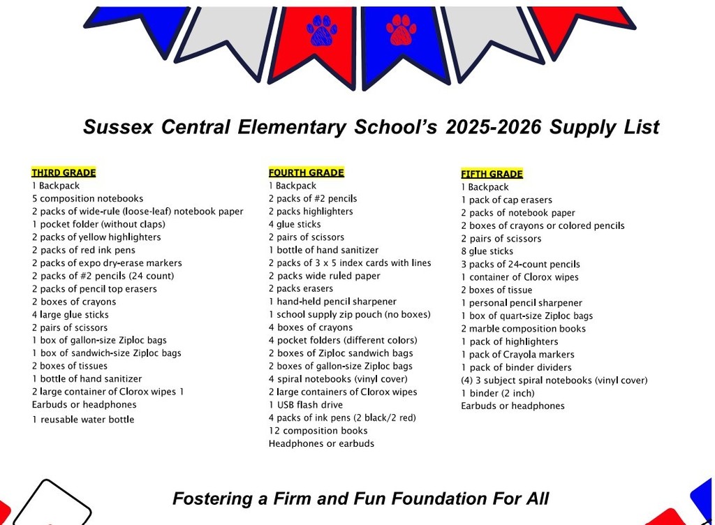 SCES school supply list for grades 3-5