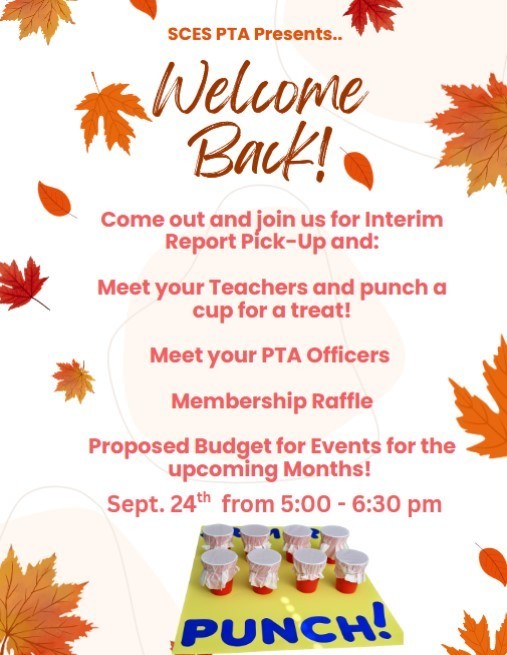 Welcome Back! Stop by the PTA table at SCES from 4:30 pm - 7:00 pm.