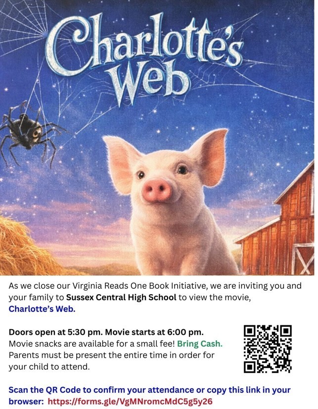 Attention all SCES families. Join us tomorrow (Thursday, March 19) to watch the movie Charlotte's Web! See the flyer for details. Scan the QR Code on the flyer or click the link to let us know that you are coming. See you at the movies! https://forms.gle/51FUQFJ5iFC1na1BA