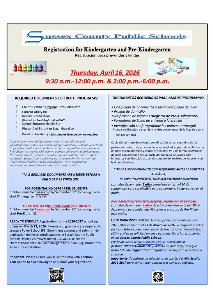 SCPS Pre-K and K registration on April 16, 2026.