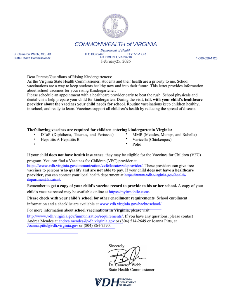 Rising Kindergarten Immunization Letter: