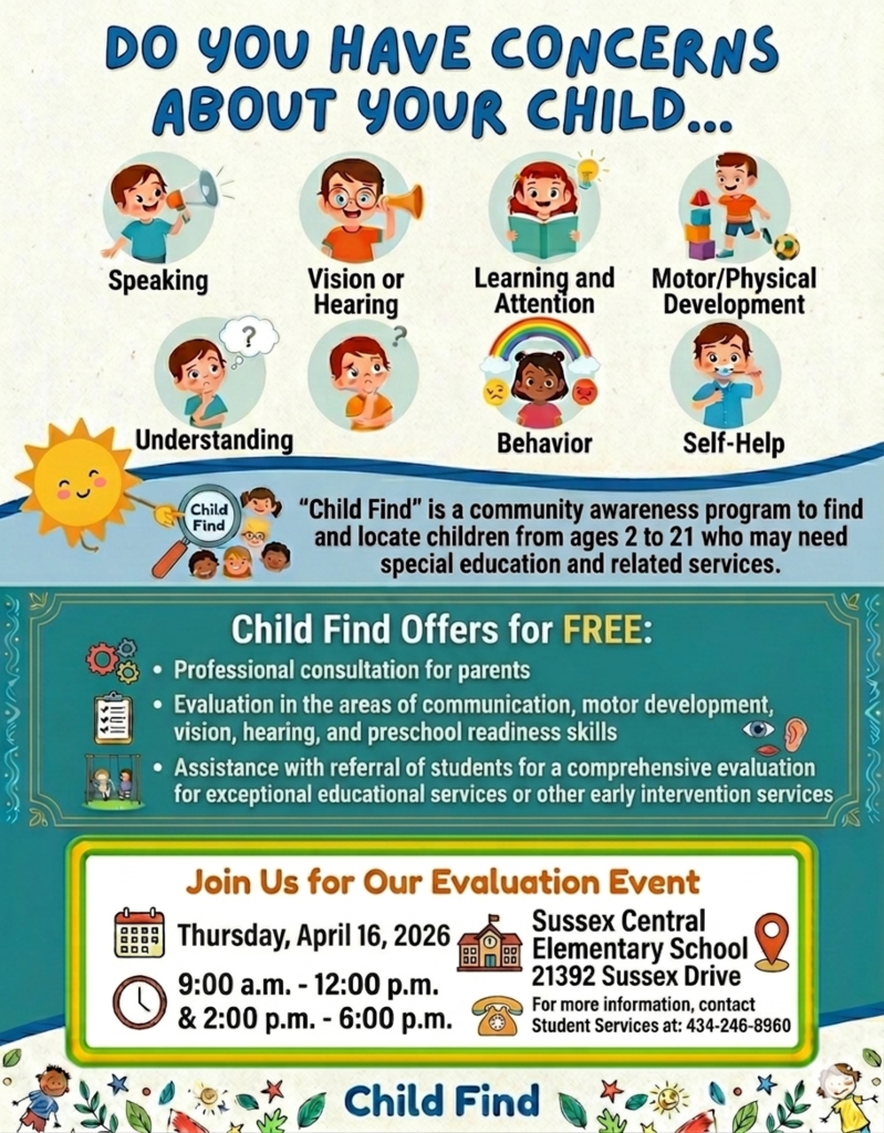 SCPS has "Child Find" on Thursday, April 16th.