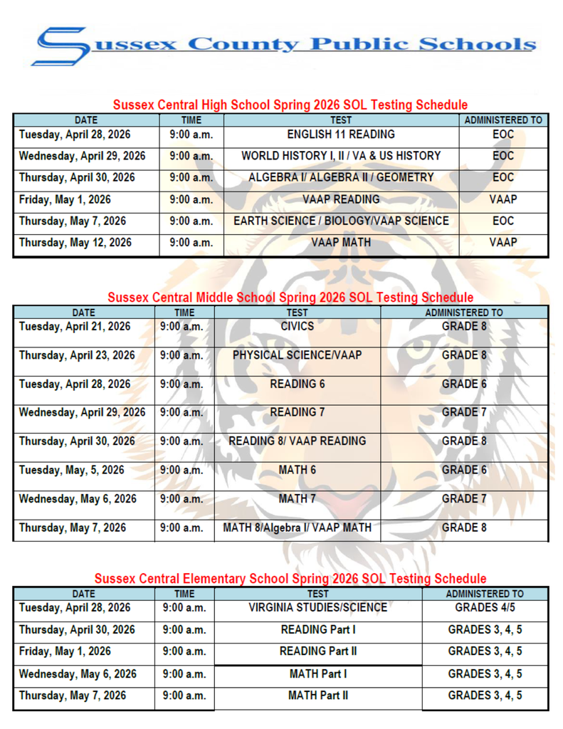 SCPS SOL Spring Testing Calendar: