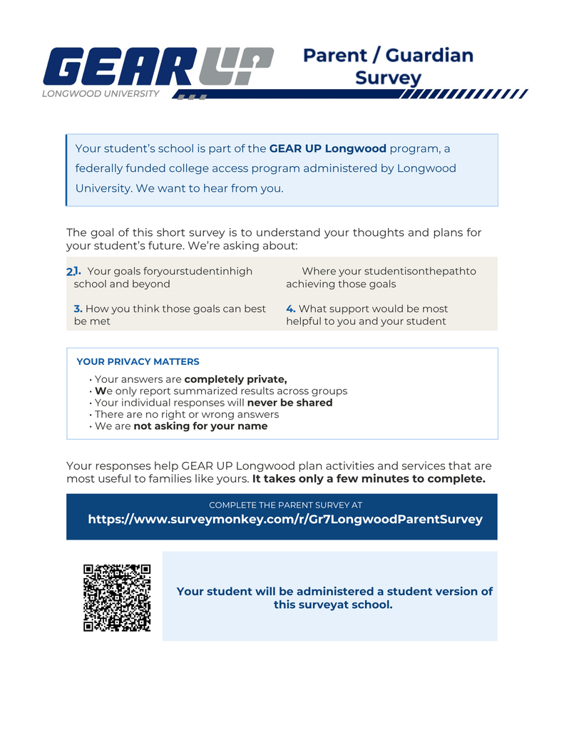 7th Grade GEAR UP Parent Survey flyer: