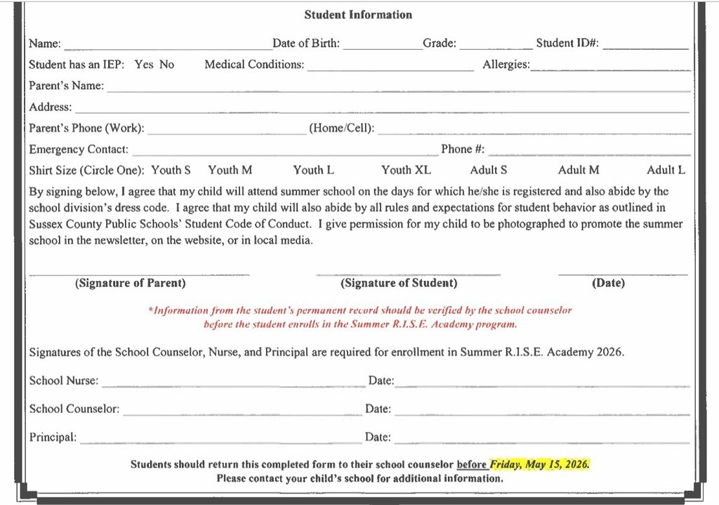 Attention SCES Parents, Summer school applications for recommended students will be sent home again today. This is the second attempt. Please contact your child's teacher to verify whether or not your child has been recommended for Summer School. Applications are due this Friday, 5/15/26. Please refer to the attached images for more details.