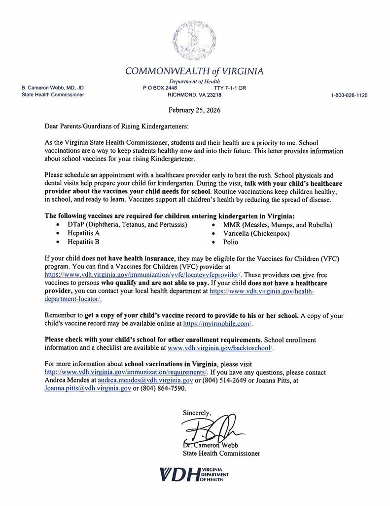 Rising Kindergartener required vaccination shots........please see the attached letter.