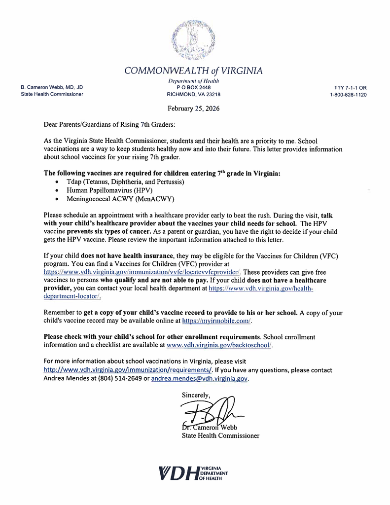 Rising 7th Grade Students' required vaccination shots......please see the attached letter.