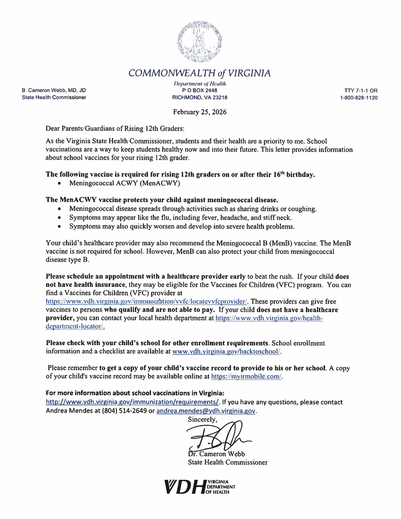 Rising 12th Grade Students' required school vaccination shots.....please see the attached letter.