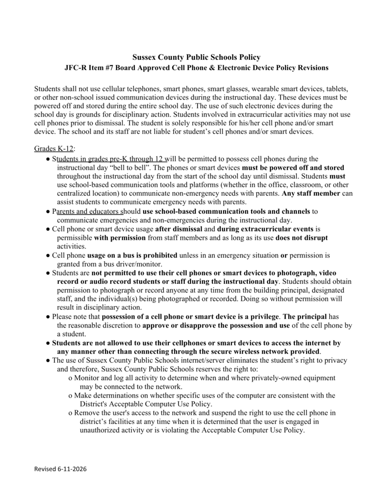 Revised Cell Phone Policy