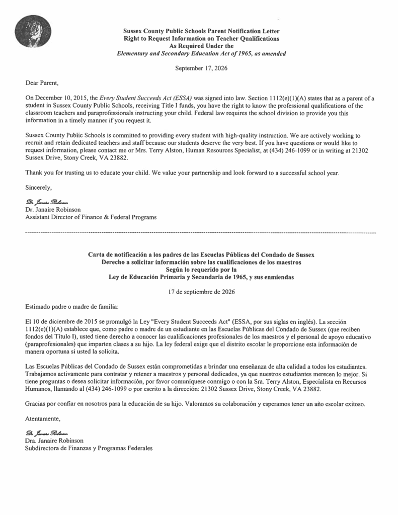 SCPS:  Parent Right-to-Know Letter
