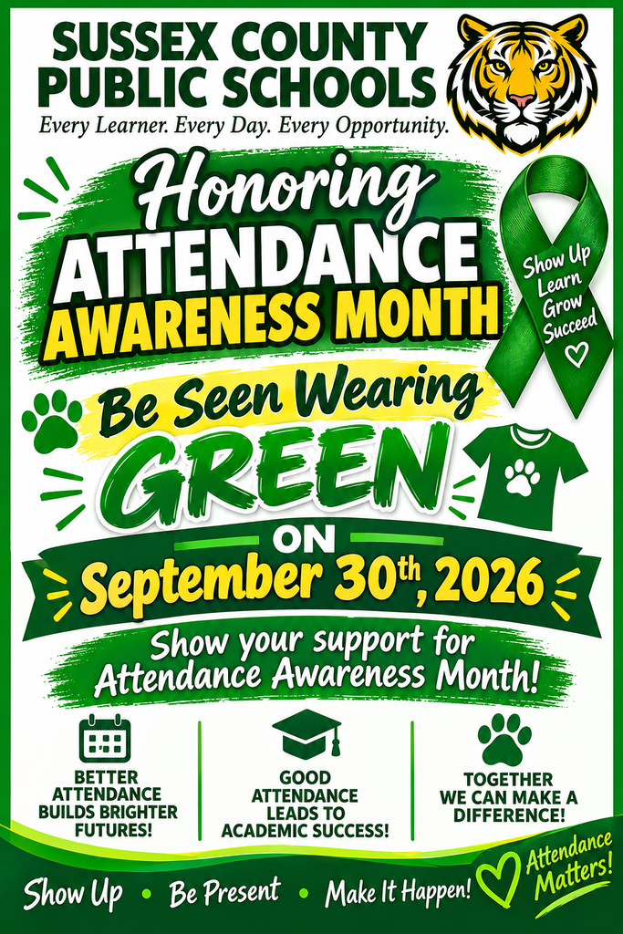 Attention SCES Parents and Guardians! We are asking all of our staff and students to wear GREEN on Wednesday, September 30, 2026, in honor of Attendance Awareness Month. Please see the flyer for details!