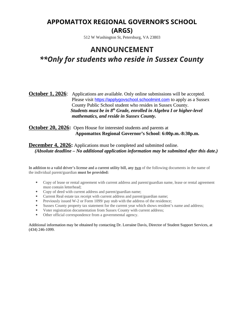 Appomattox Regional Governor's School Announcment....